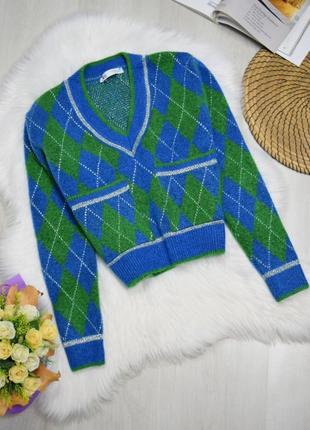 Свитер свитер свечер в клетку синий зеленый укороченный1 фото