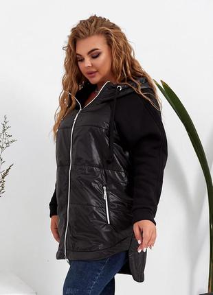 Демисезонная женская куртка ветровка на флисе черная норма батал комбинированная деми ветровка3 фото