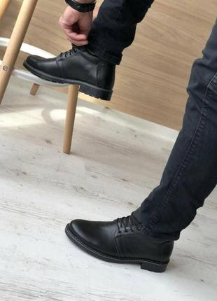 Мужские черные классические теплые ботинки/туфли зимние на меху, кожаные/кожа-мужская обувь на зиму