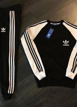 Жіночий спортивний костюм adidas чорний з білим двонитка адідас світшот штани