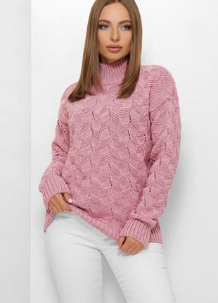 Свитер женский вязаний, фабричный из турецкой пряжи, шерстяной, качественный, однотонный, розовый