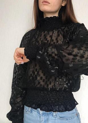 Напівпрозора жіноча блуза нова з об'ємними рукавами чорного кольору в горох2 фото