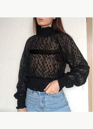Женская полупрозрачная блуза новая с объёмными рукавами чёрного цвета в горох4 фото
