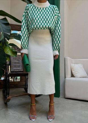 Накладной платеж ❤ турецкий трикотажный вязаный комплект юбка миди и оверсайз свитер с рукавами фонариками1 фото