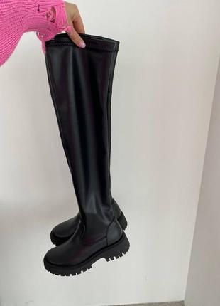 Чорні демісезонні зимові ботфорти чоботи панчохи з натуральної шкіри7 фото