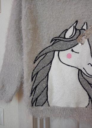 Теплый пушистый серый свитер свитер свитшот кофта травка с единорогом для девочки 7-8 лет 1282 фото