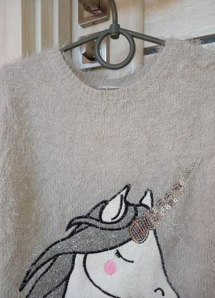 Теплый пушистый серый свитер свитер свитшот кофта травка с единорогом для девочки 7-8 лет 1284 фото