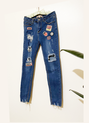 S жіночі джинси з нашивками скіні джинсові високі рвані облягаючі2 фото