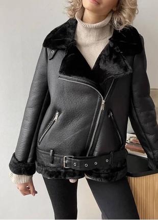 Женская искусственная дубленка косуха черная куртка на меху экокожа экомех