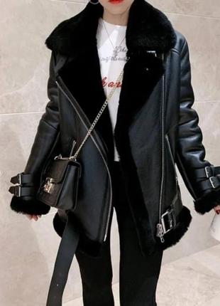 Женская дубленка косуха искусственная черная куртка экокожа на меху2 фото