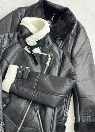 Женская дубленка косуха искусственная черная куртка экокожа на меху6 фото