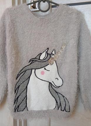 Теплый пушистый серый свитер свитер свитшот кофта травка с единорогом для девочки 7-8 лет 1285 фото