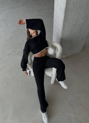 Жіночий брючний трикотажний костюм чорний, білий, штани і светр укорочений s, m2 фото