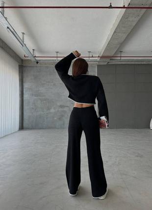 Жіночий брючний трикотажний костюм чорний, білий, штани і светр укорочений s, m3 фото