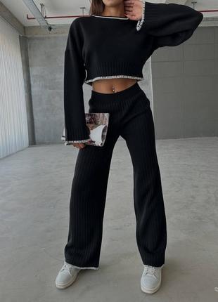 Жіночий брючний трикотажний костюм чорний, білий, штани і светр укорочений s, m6 фото