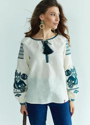 Вишиванка жіноча пташка на молочному натуральному льоні