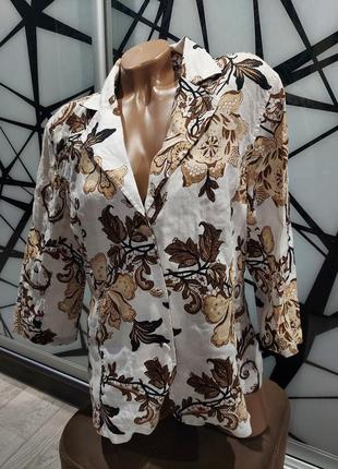 Легкий льняной пиджак, жакет в цветочный принт 100% лен от canda 50-52 размер