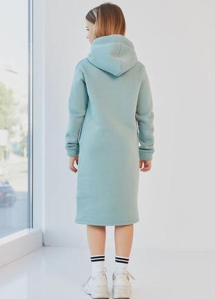 Платье - худи детское теплое с капюшоном, турецкая ткань на хлопковой основе на флисе, фисташковое4 фото