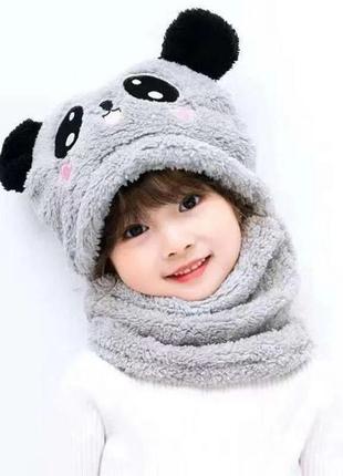 Детский снуд панда с ушками (медик) теплая шапка-шарф 2 в 1 (зимняя шапка-шлем, балаклава)5 фото