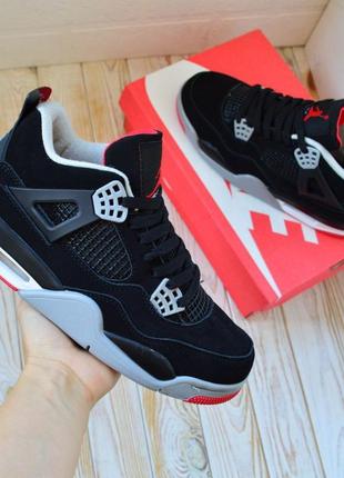 Nike air jordan 4 кросівки чоловічі нубук чорні з червоним осінні високі найк джордан топ якість