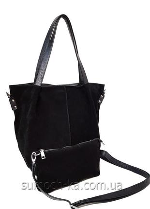 Женская сумка шопер 2в1 замша 04-40 черная