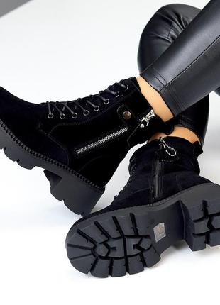 Высокие зимние черные замшевые ботинки натуральная замша подошва с протектором
