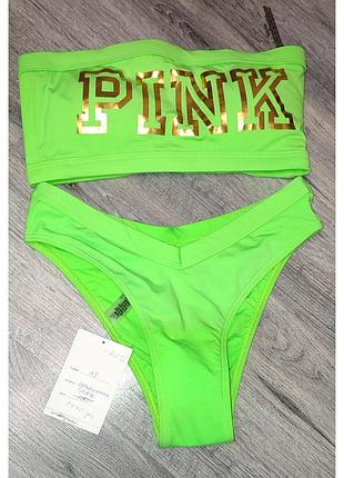 Фирменный стильный трендовый купальник принт бикини салатовый #victoria'sssecret pink