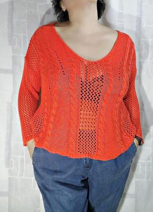 Яркий ажурный свитер кораллово-оранжевого оттенка2 фото