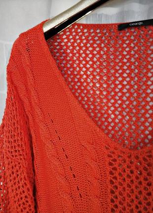 Яркий ажурный свитер кораллово-оранжевого оттенка6 фото