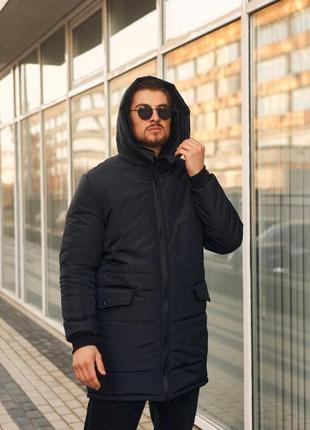 Куртка мужская зимняя до -25*с удлиненная с капюшоном оллблэк черная | парка теплая длинная пальто зима7 фото