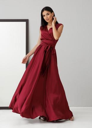 Платье макси женское длинное, в пол, на запах, вечернее, коктейльное, нарядное, цвет винное1 фото