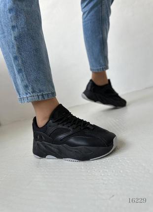 Черные кожаные кроссовки с сеткой в сетку на толстой грубой подошве платформе8 фото