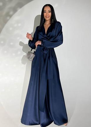 Сукня максі жіноча довга в підлогу з довгим рукавом, вечірнє ошатне на весілля на розпис синє