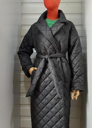 Стьобане довге пальто - куртка, чорне, фото реал