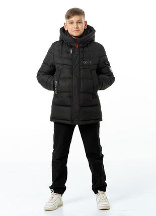 Пуховик зимовий для хлопчика підлітка дитячий на екопусі garry чорний зимова куртка tiaren на зиму
