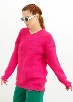 Малиновий в'язаний пуловер з перфорацією
