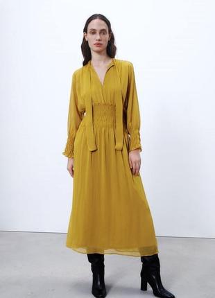 Красивое трендовое платье миди zara р. s желтое с бантом и эластичным поясом