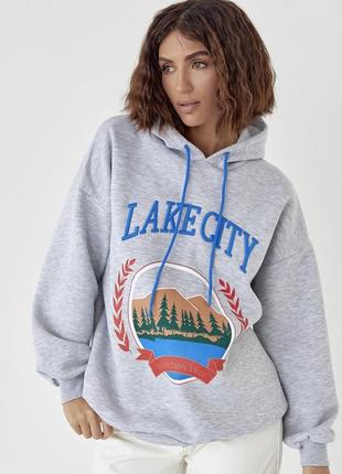 Утепленное худи с принтом и надписью lake city