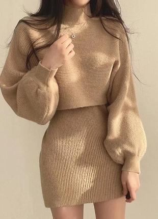 Женственный комплект платье из ангоры свитер с горлом рукавами свободного кроя по фигуре модный трендовый теплый3 фото