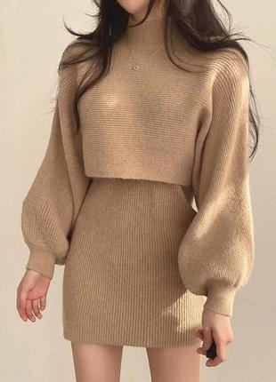 Женственный комплект платье из ангоры свитер с горлом рукавами свободного кроя по фигуре модный трендовый теплый4 фото