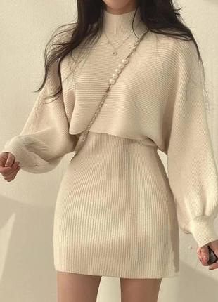 Женственный комплект платье из ангоры свитер с горлом рукавами свободного кроя по фигуре модный трендовый теплый