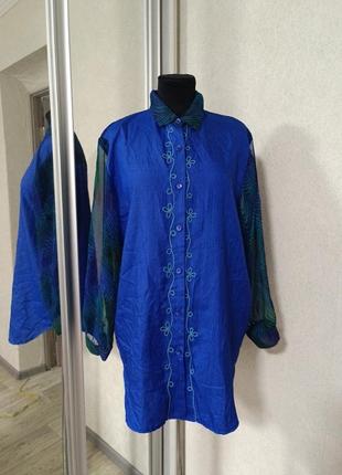 Яркая винтажная ретро блуза рубашка jordana с вышивкой и прозрачными рукавами электрик