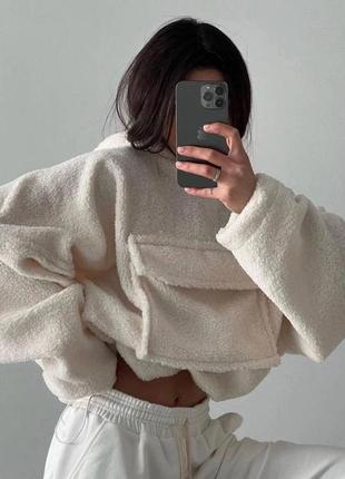 Теплый худи тедди свободного прямого кроя оверсайз с капюшоном карманом меховой