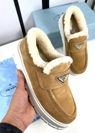 Лоферы туфли женские натуральные рыжие замша мех зимние брендовые в стиле prada