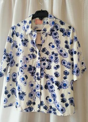 Рубашка блуза літня сорочка квітковий принт з натуральної тканини бавовна штапель яскраві квіти на б2 фото