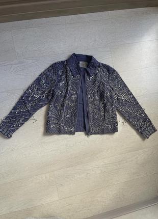 Пиджак джинс деним куртка жемчужины камушки куртка пиджак лилового цвета с жемчугом8 фото