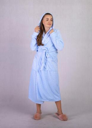 Махровый халат женский на запах длинный с капюшоном голубой однотонный 42-56р2 фото