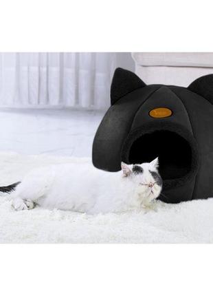Лежак для котів плюшевий - хатка purlov 21947  польща чорний8 фото