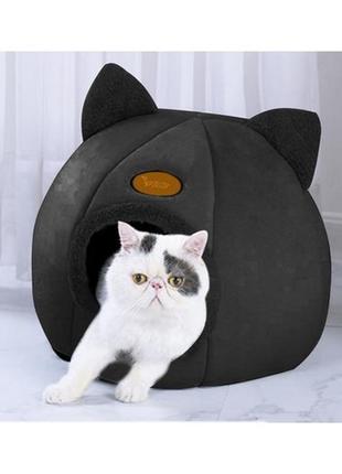 Лежак для котів плюшевий - хатка purlov 21947  польща чорний3 фото
