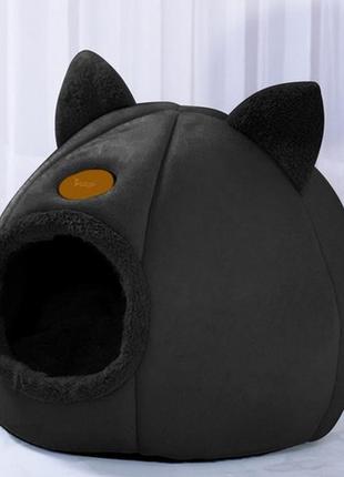 Лежак для котів плюшевий - хатка purlov 21947  польща чорний7 фото